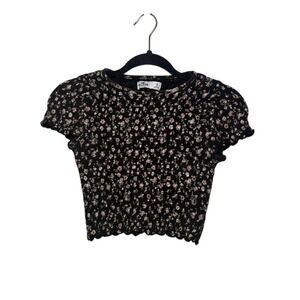 Hollister Smocked Floral Crop Top Black Pink Ditsy Print Short Sleeve Size Small